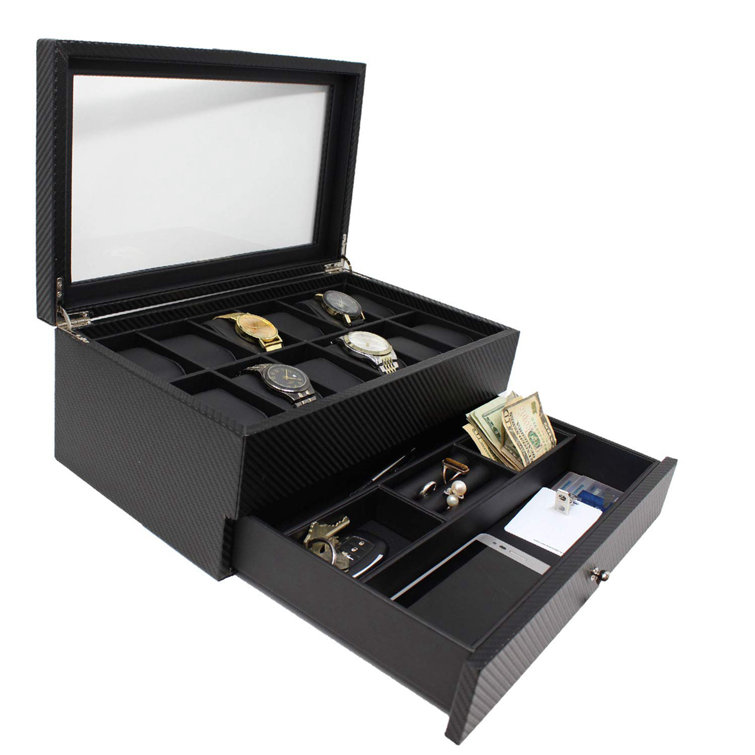 Latitude Run® Watch Box With Valet Drawer For Men 12 Slot Luxury Watch Case Display Organizer